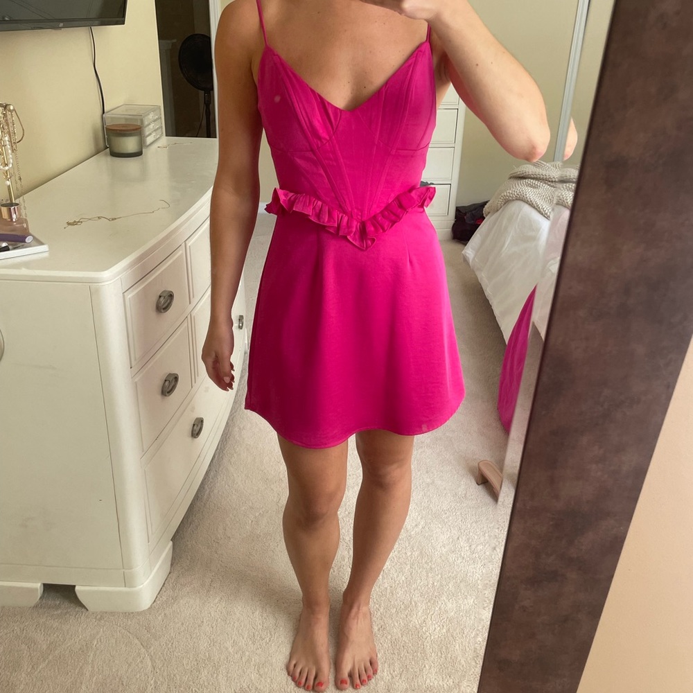 Brand new Hello Molly dress with tags! Size small, hot pink, ruffle waist